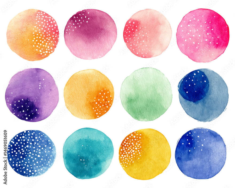 Fototapeta premium Twelve Vibrant Watercolor Circles on Transparent Background, PNG