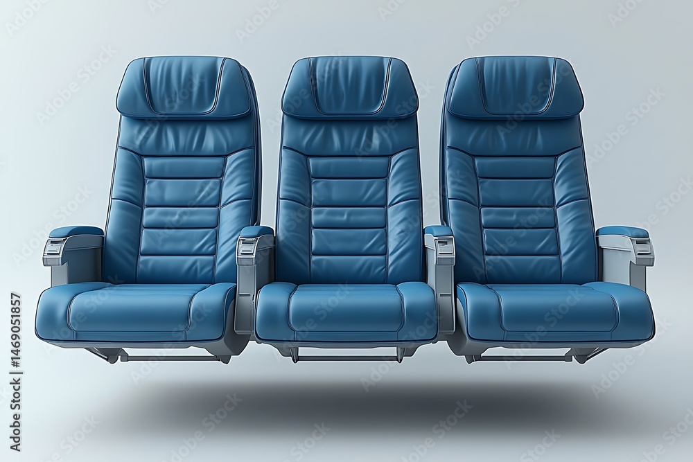 Naklejka premium Three comfortable blue airplane seats isolated against a soft white background
