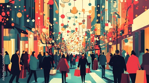 Festive City Street Shopping Crowd.