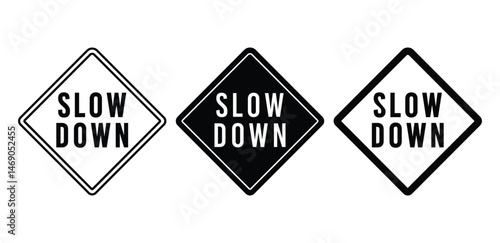 Diamond Shaped Slow Down Road Sign Icon Black and White Color Vector Design