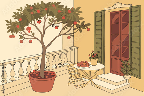 196 a rendering of a patio or balcony with a potted pomegranate tree, other potted plants, a white railing, and a table with fruits,digital illustration, detailed, elegant, warm colors, soft lighting