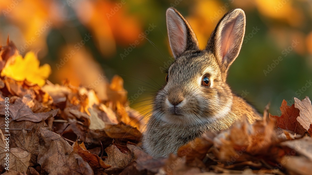 Fototapeta premium Small Rabbit Sitting on Pile of Autumn Leaves in Natural Setting