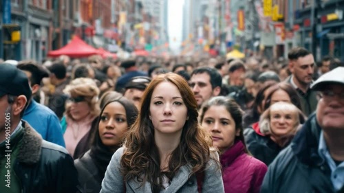 Woman in the Crowd:  A solitary woman stands amidst a bustling crowd in an urban environment, her determined gaze piercing through the sea of faces.