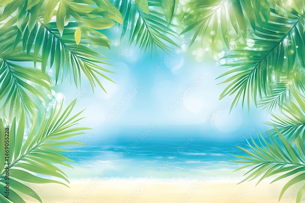 Tropical beach scene with palm leaves Tropical beach scene with palm leaves