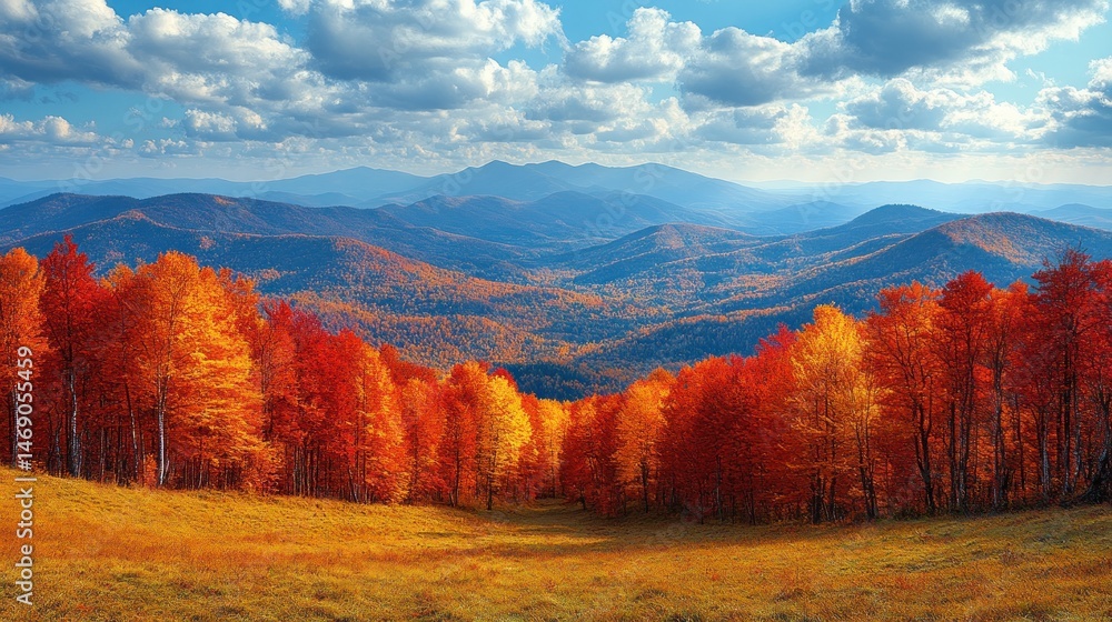 Fototapeta premium Autumnal Mountain Majesty: A Panorama of Fiery Foliage and Majestic Peaks