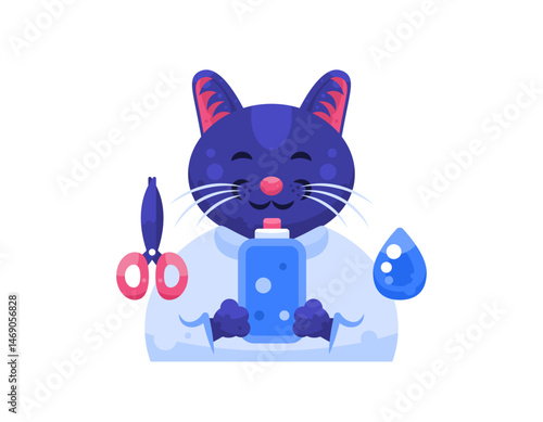 animal groomer concept. caring and beautifying pets. illustration of a cat holding a shampoo bottle with scissors and water symbols. cute and adorable animal facial expressions. flat style characters