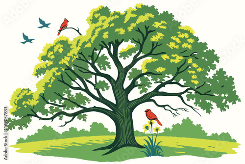 197 tree,oak tree,green leaves,colorful birds,cardinal bird,oak leaves,nature scenery,digital illustration,vibrant colors,detailed,high quality