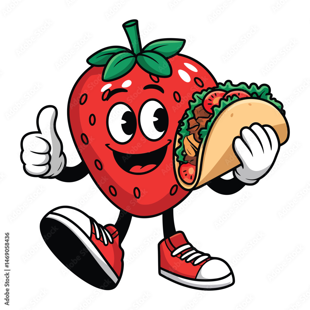 Fototapeta premium Cute happy strawberry character wear sunglasses. Funny strawberry greet friend cartoon emoticon in flat style. Fruit emoji vector illustration