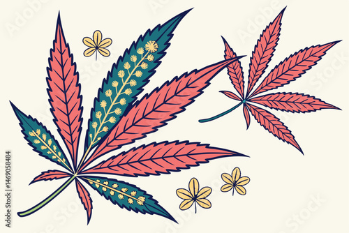 198 cannabis leaves, artistic illustration, highly detailed, vibrant colors, intricate patterns, botanical, floral, organic, natural, digital art
