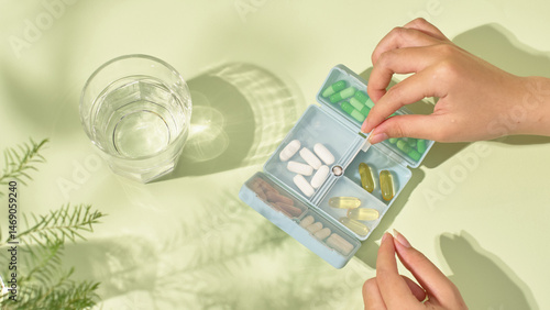 The patient is packing the pills into a personal pillbox to prepare for the trip. The pillbox contains different pills and placed in separate compartments for long-term storage. Medical concept.