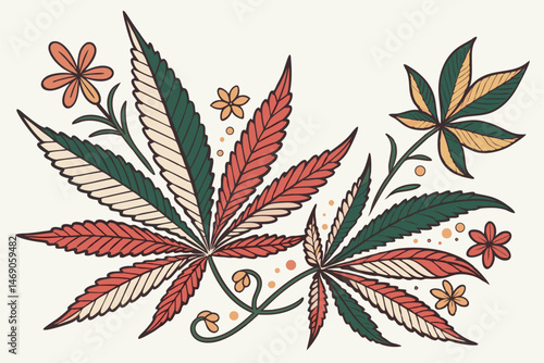 198 cannabis leaves, artistic illustration, highly detailed, vibrant colors, intricate patterns, botanical, floral, organic, natural, digital art