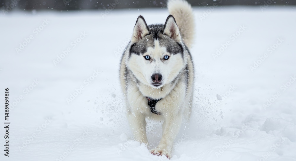 Majestic Husky Navigating Through a Snowy Landscape with Piercing Blue Eyes Majestic Husky Navigating Through a Snowy Landscape with Piercing Blue Eyes