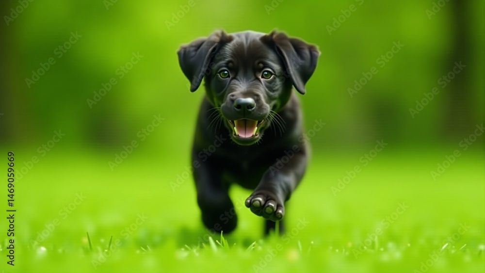 Fototapeta premium Cute Black Labrador Puppy Running In Green