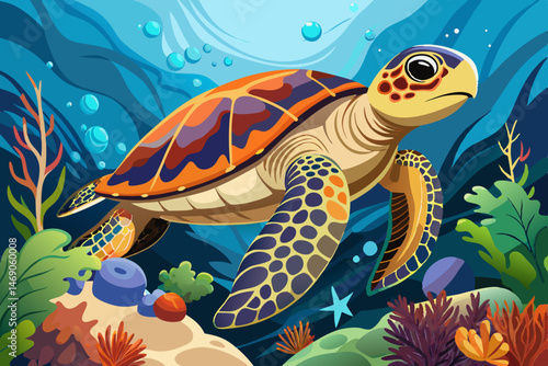 Sea turtle splashes on the seabed with corals wallpaper