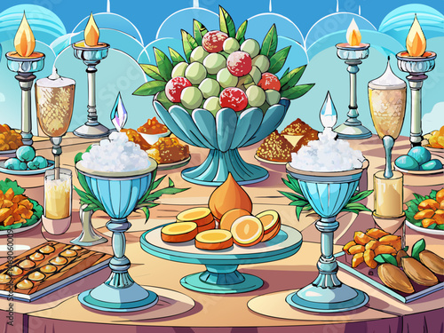 vector of The wedding table of the bride and groom with long crystal bases decorated with walnuts, cantaloupe, cream and almonds on the wedding table
