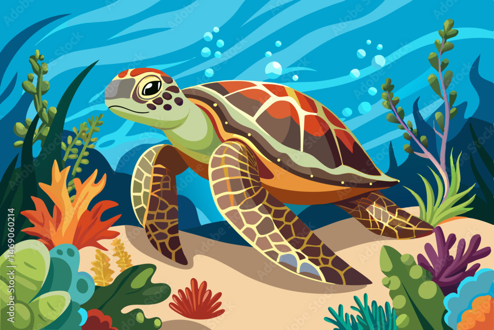 Fototapeta premium Sea turtle splashes on the seabed with corals wallpaper