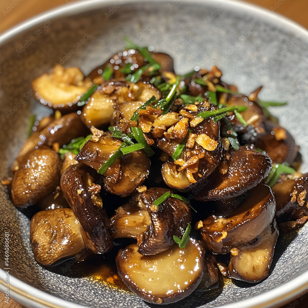 Fototapeta premium A Plate of Sauteed Mushroom with Crispy Fried Garlic and Oyster Sauce