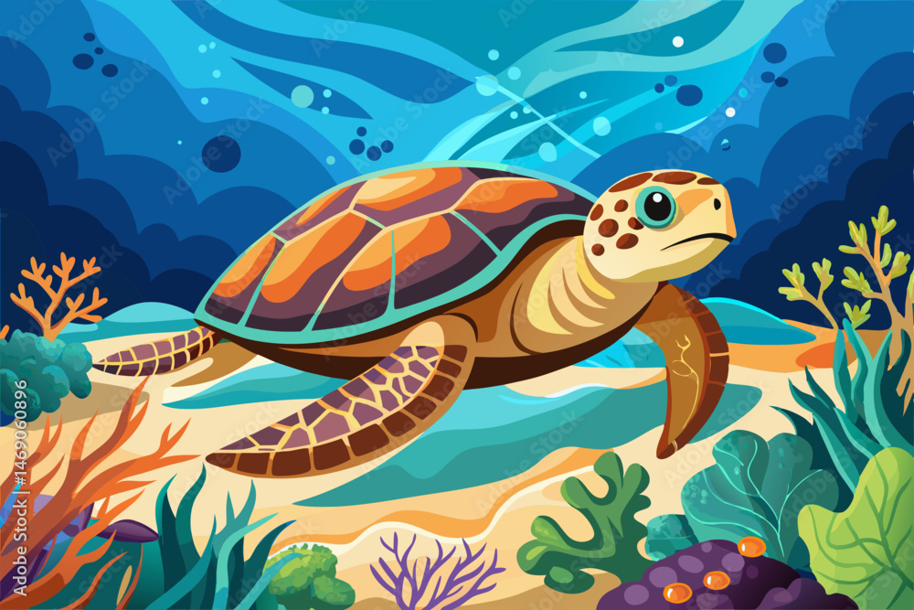 Naklejka premium Sea turtle splashes on the seabed with corals wallpaper