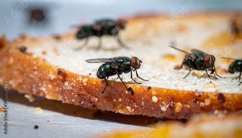 House flies land on a piece of bread in an open environment