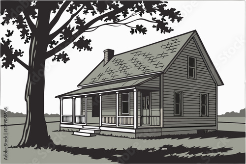 199 a rustic old wooden house in a field, with a covered porch, a grey shingled roof, and a mature tree in the foreground, detailed photorealistic, cinematic lighting, 8k, sharp focus