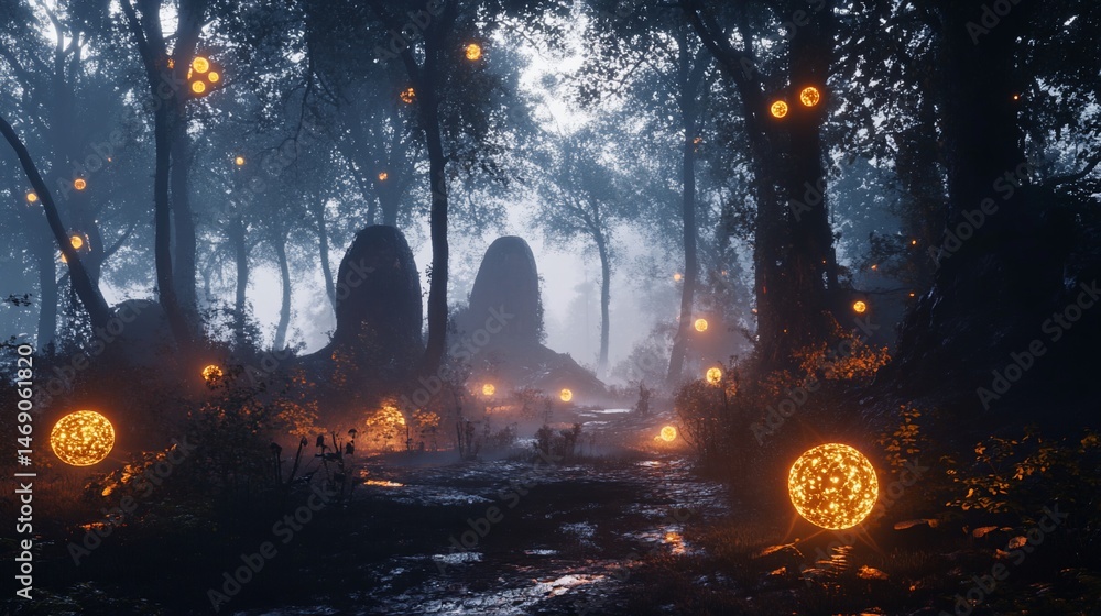 Mystical Forest Path illuminated by glowing Orbs at dusk eerie atmosphere