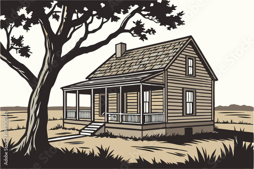 199 a rustic old wooden house in a field, with a covered porch, a grey shingled roof, and a mature tree in the foreground, detailed photorealistic, cinematic lighting, 8k, sharp focus