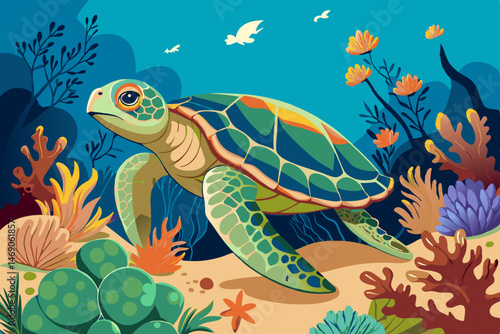 Sea turtle splashes on the seabed with corals wallpaper