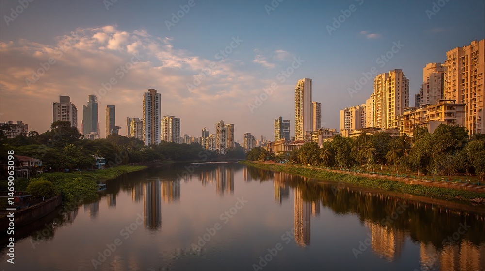 Fototapeta premium Golden Hour Skyline Reflected in Calm River at Cityscape