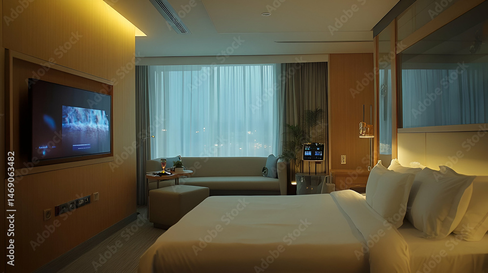 Modern Hotel Room Interior with City View at Night Modern Hotel Room Interior with City View at Night