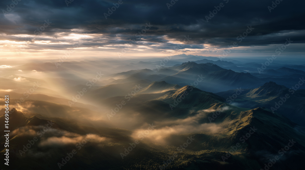 Obraz premium Ultra-realistic panoramic view of alpine mountains at golden hour, with sun rays piercing clouds, glowing mist, and dramatic forest shadows. 