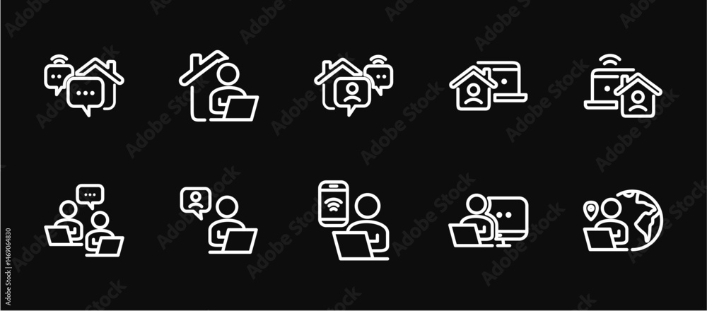 Remote Work Line Icons . Freelancer Work from Home, Video Call, Online Meeting, Teleconference Vector Set Remote Work Line Icons . Freelancer Work from Home, Video Call, Online Meeting, Teleconference Vector Set