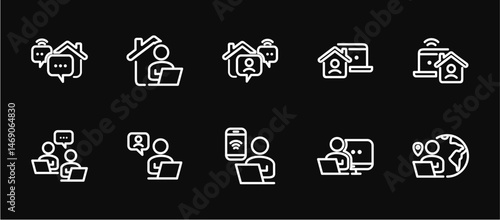 Remote Work Line Icons . Freelancer Work from Home, Video Call, Online Meeting, Teleconference Vector Set