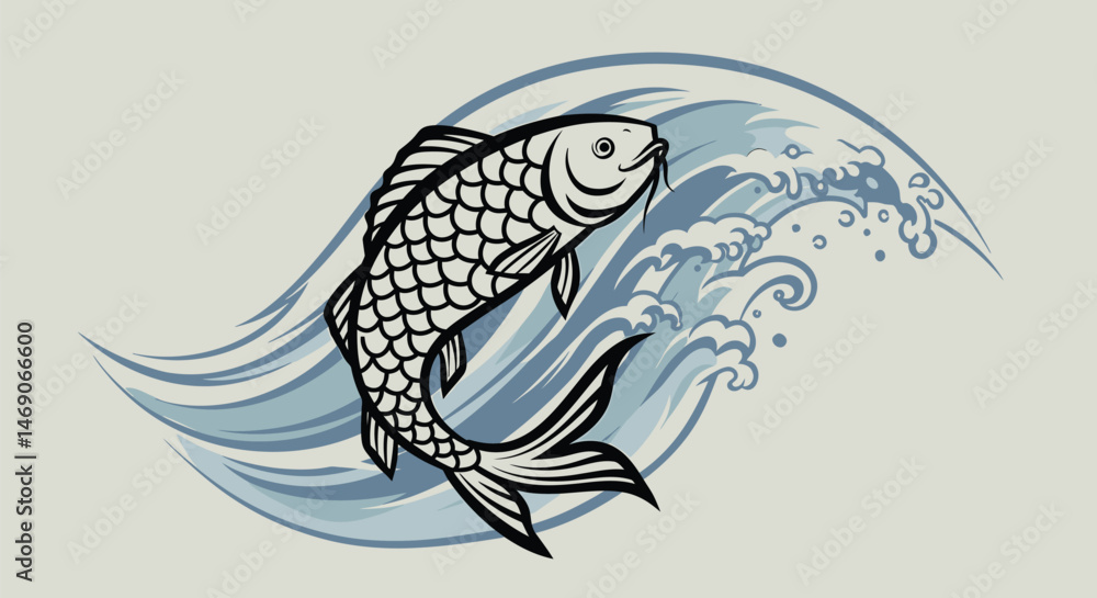 Fototapeta premium Determined Fish: Black Outline Swimming Upstream