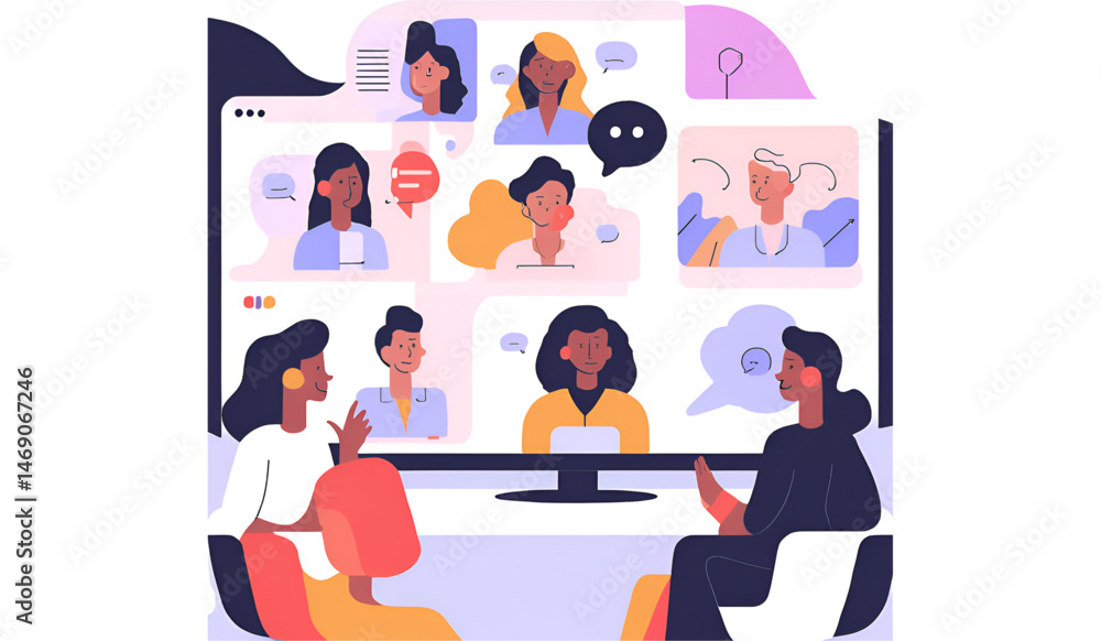 Diverse team video conference, with speech-bubble overlays and modern UI elements Diverse team video conference, with speech-bubble overlays and modern UI elements