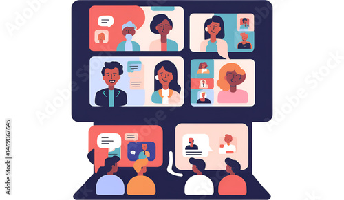 Diverse team video conference, with speech-bubble overlays and modern UI elements