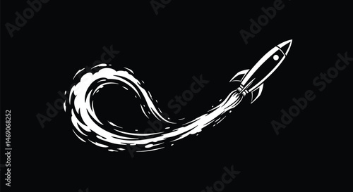 Stylized Black Rocket with Circular Smoke Trail