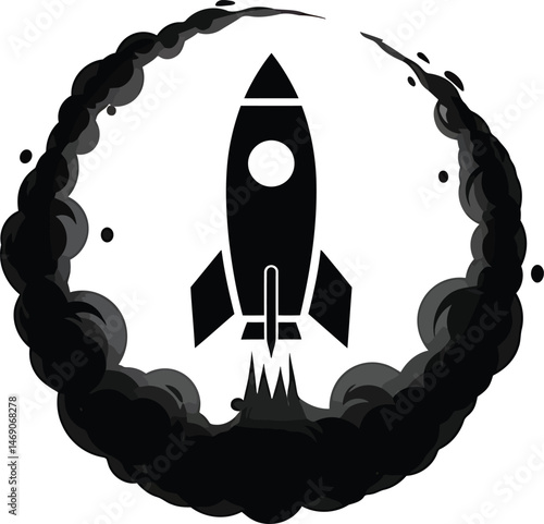 Stylized Black Rocket with Circular Smoke Trail