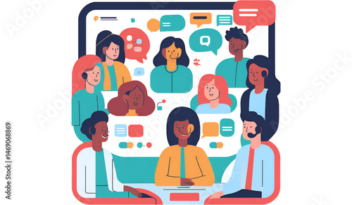 Diverse team video conference, with speech-bubble overlays and modern UI elements