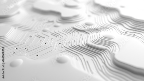 Abstract white relief surface design with circuit-like lines.