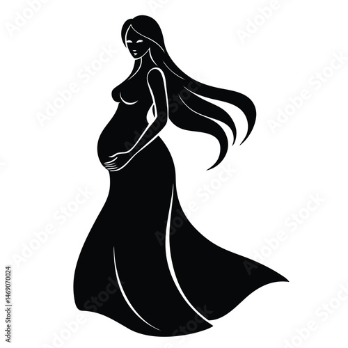 woman with long hair in flowing dress cradling baby