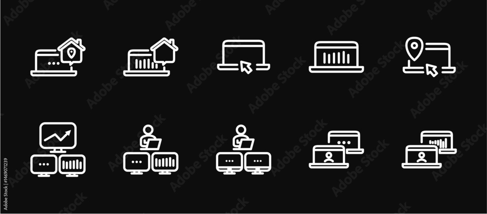 Remote Work Line Icons . Freelancer Work from Home, Video Call, Online Meeting, Teleconference Vector Set Remote Work Line Icons . Freelancer Work from Home, Video Call, Online Meeting, Teleconference Vector Set