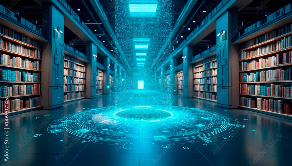 Fototapeta premium Futuristic library with holographic book displays and interactive digital interfaces in a sleek, modern setting