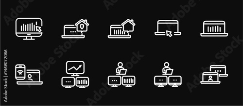 Remote Work Line Icons . Freelancer Work from Home, Video Call, Online Meeting, Teleconference Vector Set