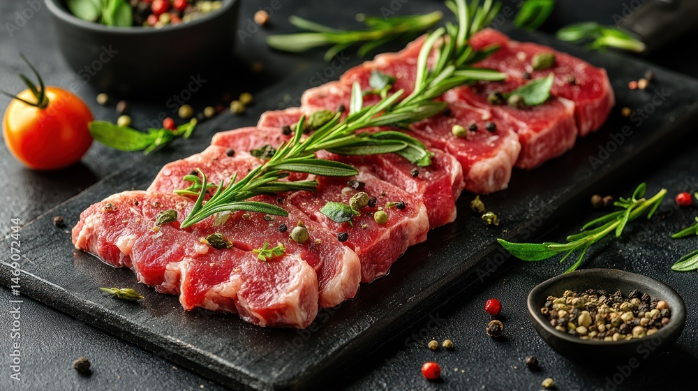 Raw beef steaks seasoned with rosemary, peppercorns, and capers on a dark slate board. Raw beef steaks seasoned with rosemary, peppercorns, and capers on a dark slate board.