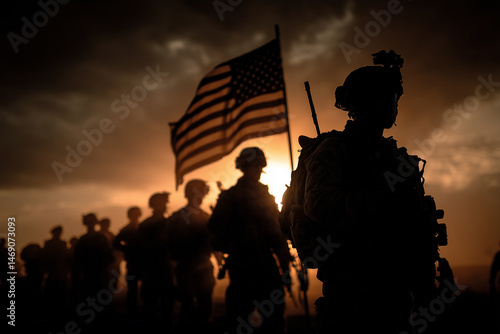 Powerful cinematic scene showing soldiers in uniform silhouetted at sunrise, holding the American flag in honor of Armed Forces Day.
