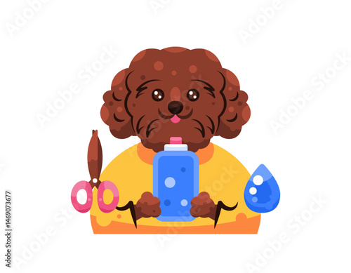 staff groomer concept. caring and beautifying pets. illustration of poodle dog holding shampoo bottle with scissors and water symbol. cute and adorable animal facial expression. flat style character