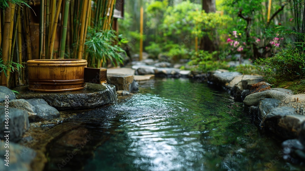 Naklejka premium Serene Bamboo Garden with Flowing Water in Tranquil Spring Setting