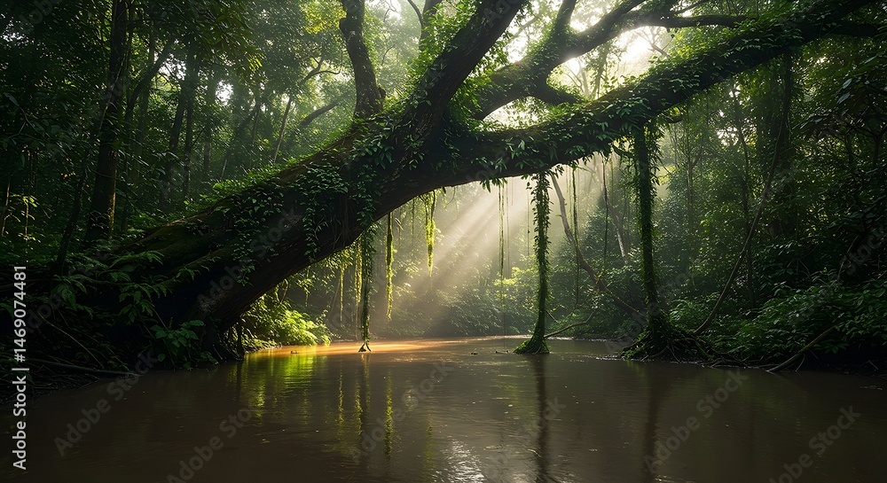 Obraz premium River Flows Through Lush Green Forest with Sunlight Streaming