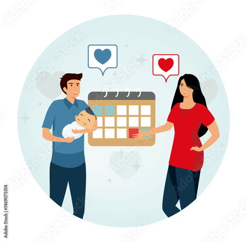 Parental leave concept. Father Holding Baby While Mother Creates Calendar Plans.