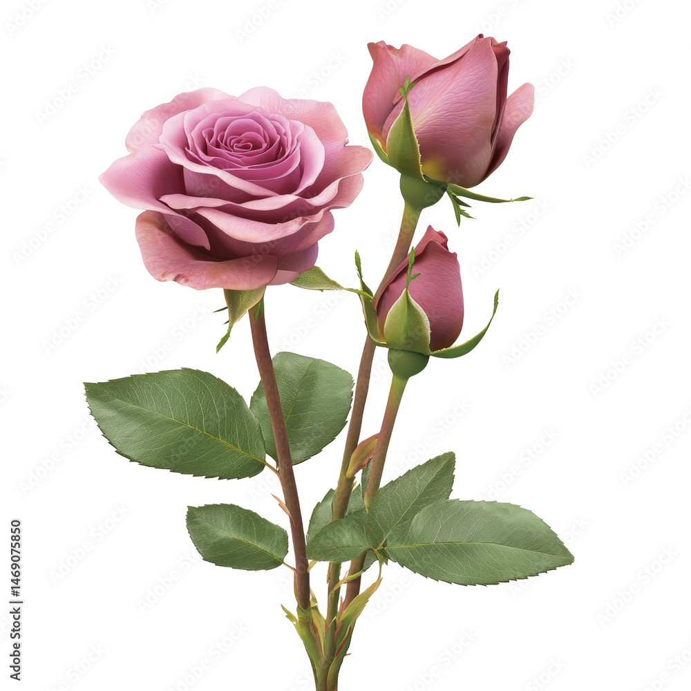 Fototapeta premium Two beautiful pink roses surrounded by lush green leaves creating a vibrant floral arrangement on a white background isolated on transparent background..